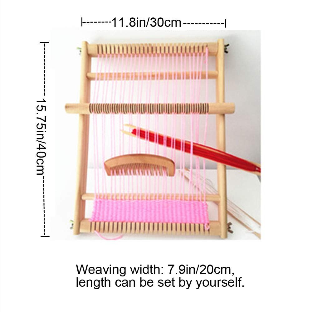 Wooden weaving loom with pink yarn, shuttle, and comb, showing dimensions 15.75in x 11.8in.