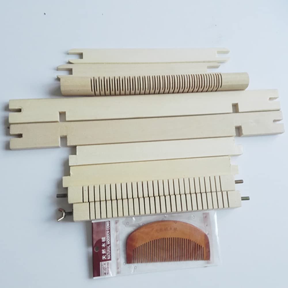 Wooden weaving loom parts and a wooden comb on a white background. The loom pieces are unassembled.