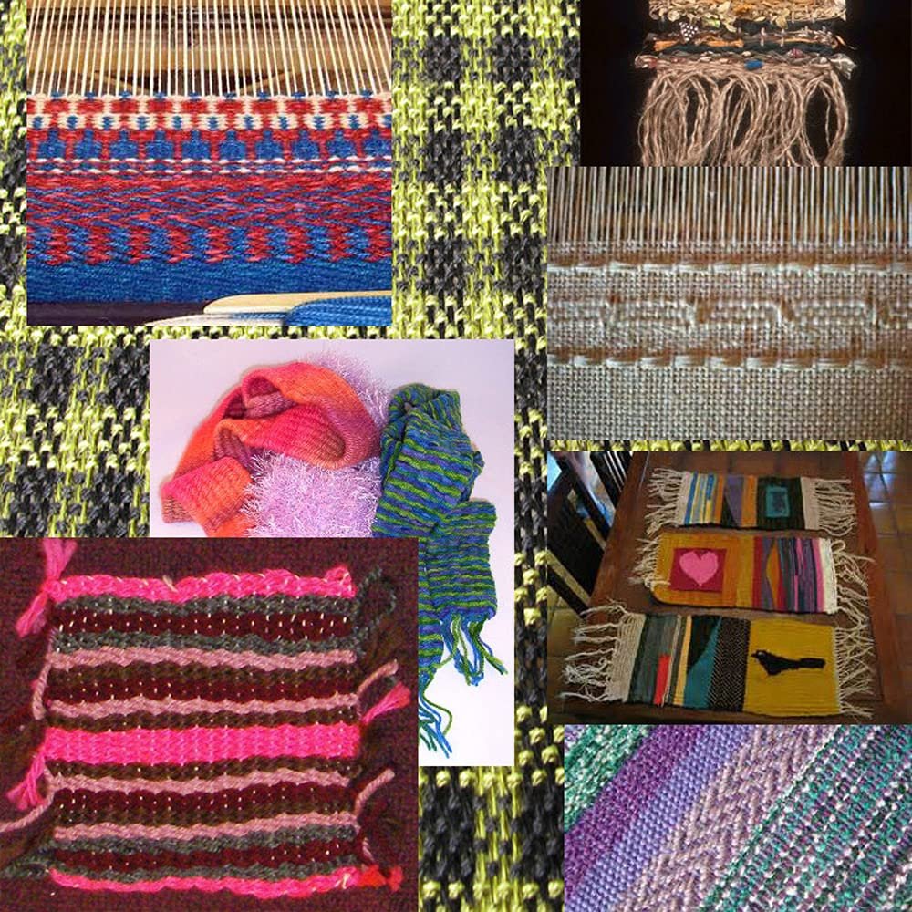 Collage of woven fabric samples and textile art projects, including scarves and small tapestries.