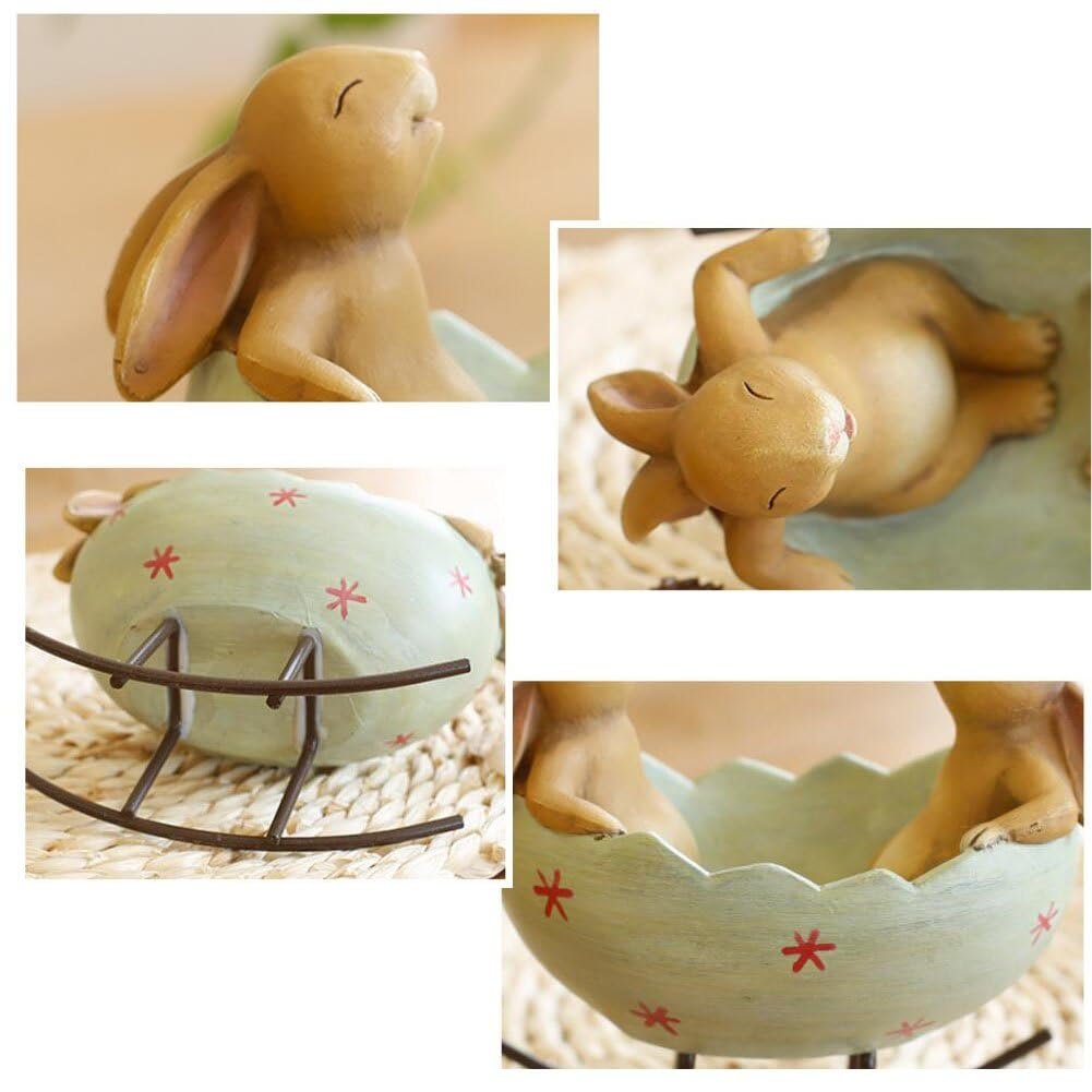Collage of a polyresin Easter figurine featuring laughing bunnies in an egg cradle, showing close-ups of the bunnies and the cradle.