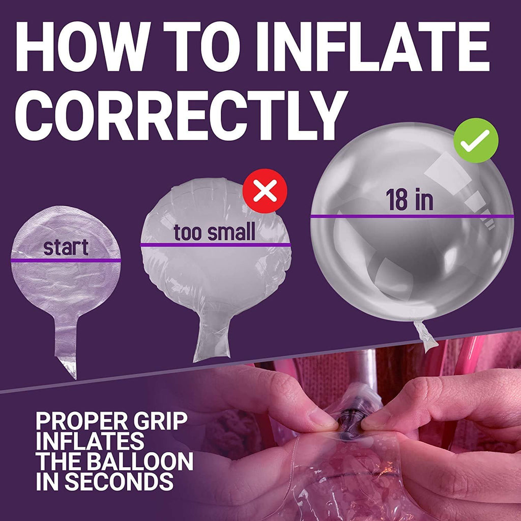 Diagram showing how to correctly inflate clear latex balloons to 18 inches.