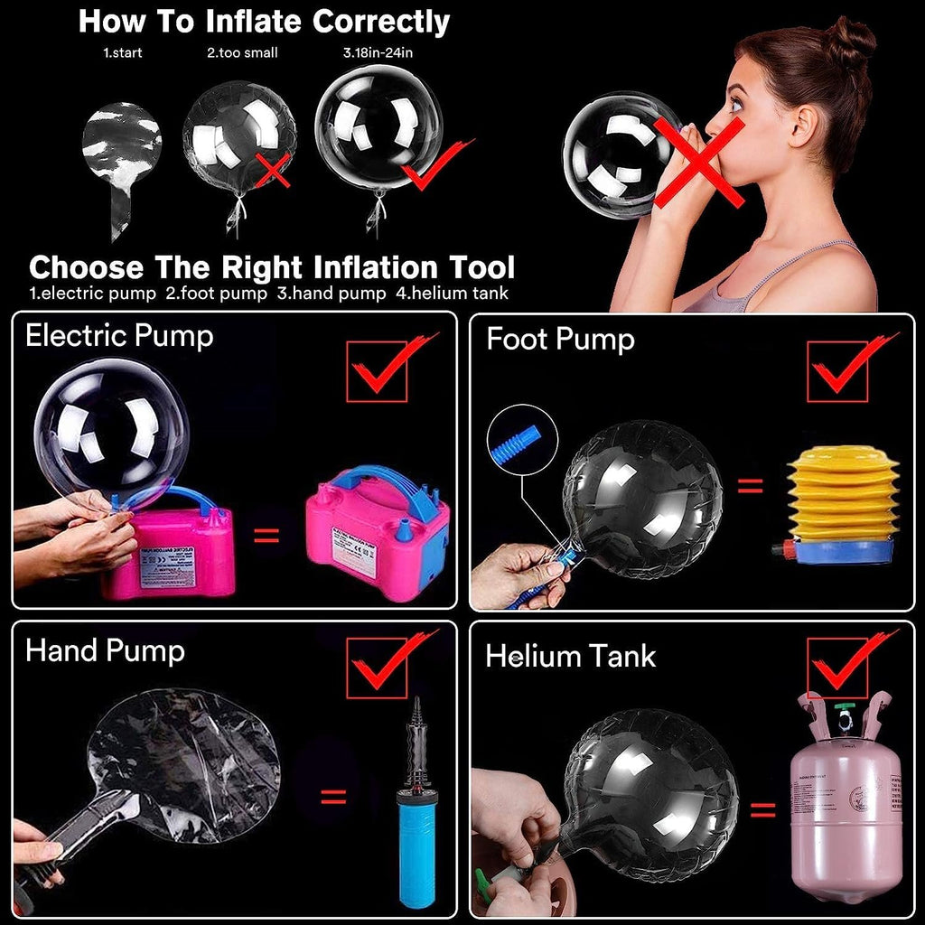 Instructions for inflating clear balloons with electric pump, foot pump, hand pump, and helium tank.