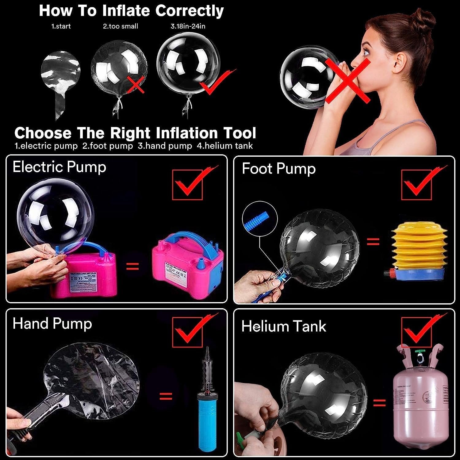 Instructions for inflating clear balloons with electric pump, foot pump, hand pump, and helium tank.
