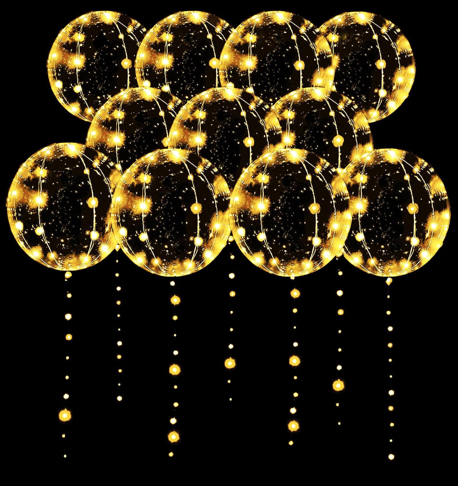 Ten clear LED light-up bobo balloons with warm white string lights against a black background.