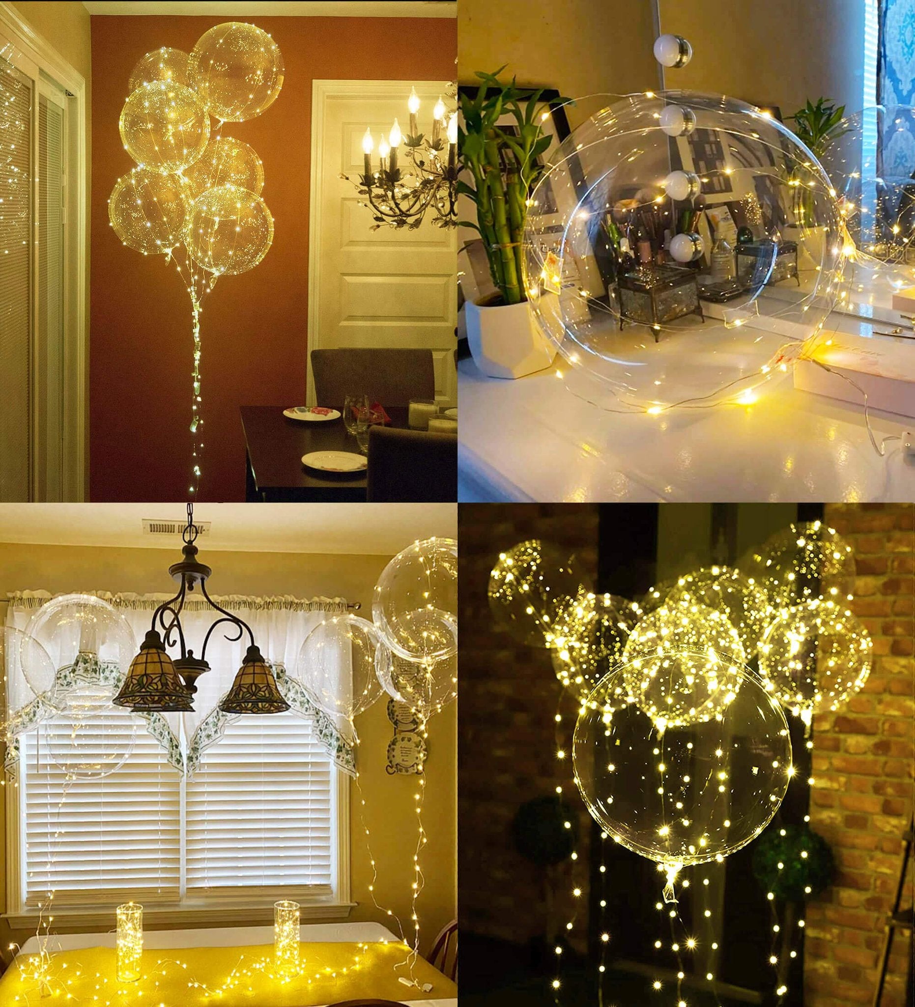 Collage of LED light-up bobo balloons in various indoor settings, showcasing their warm white string lights.
