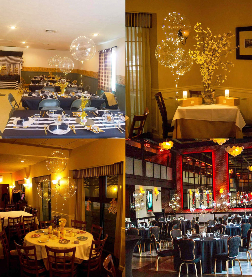 Four scenes of event spaces decorated with clear LED light-up bobo balloons.
