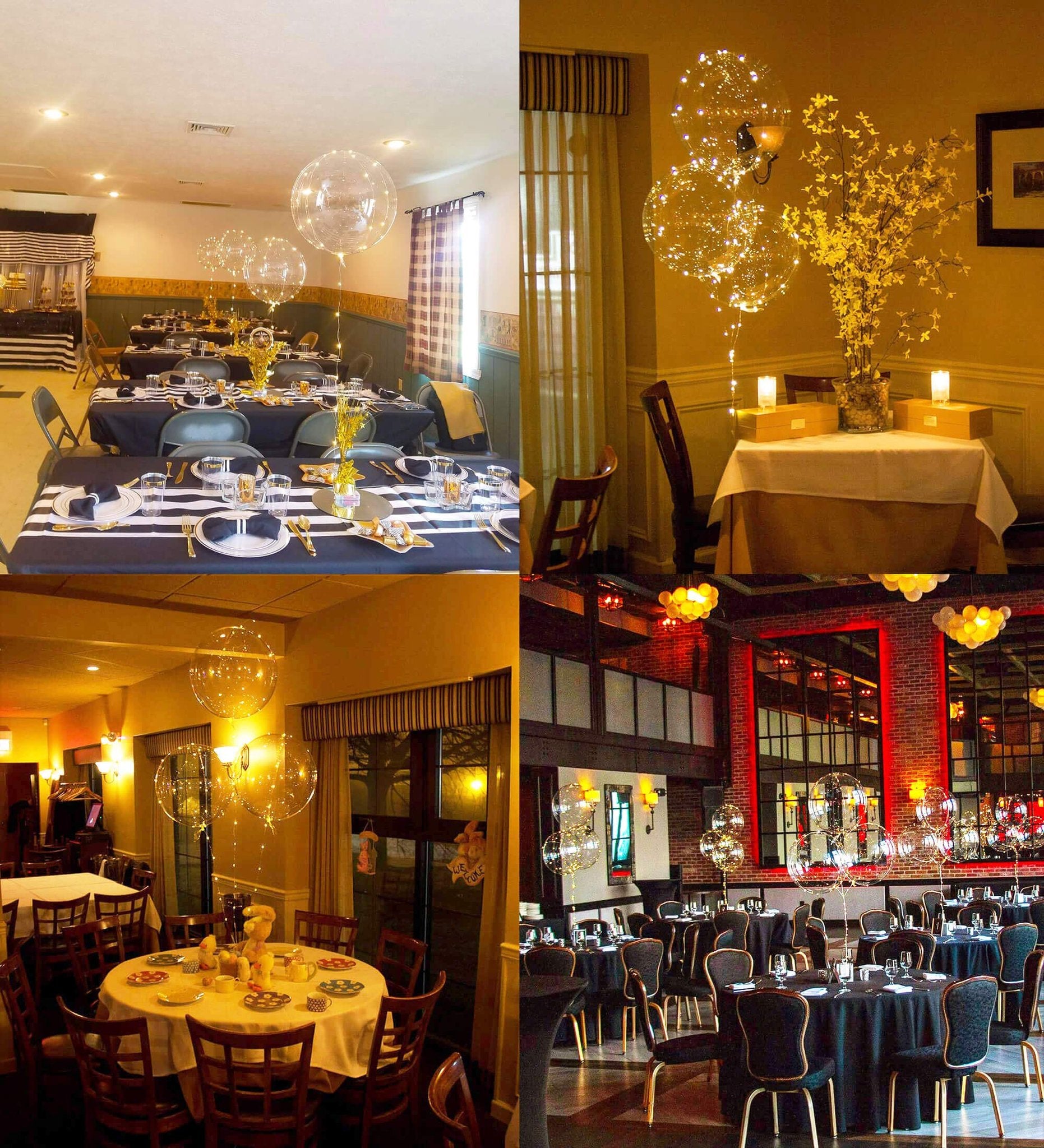 Four scenes of event spaces decorated with clear LED light-up bobo balloons.
