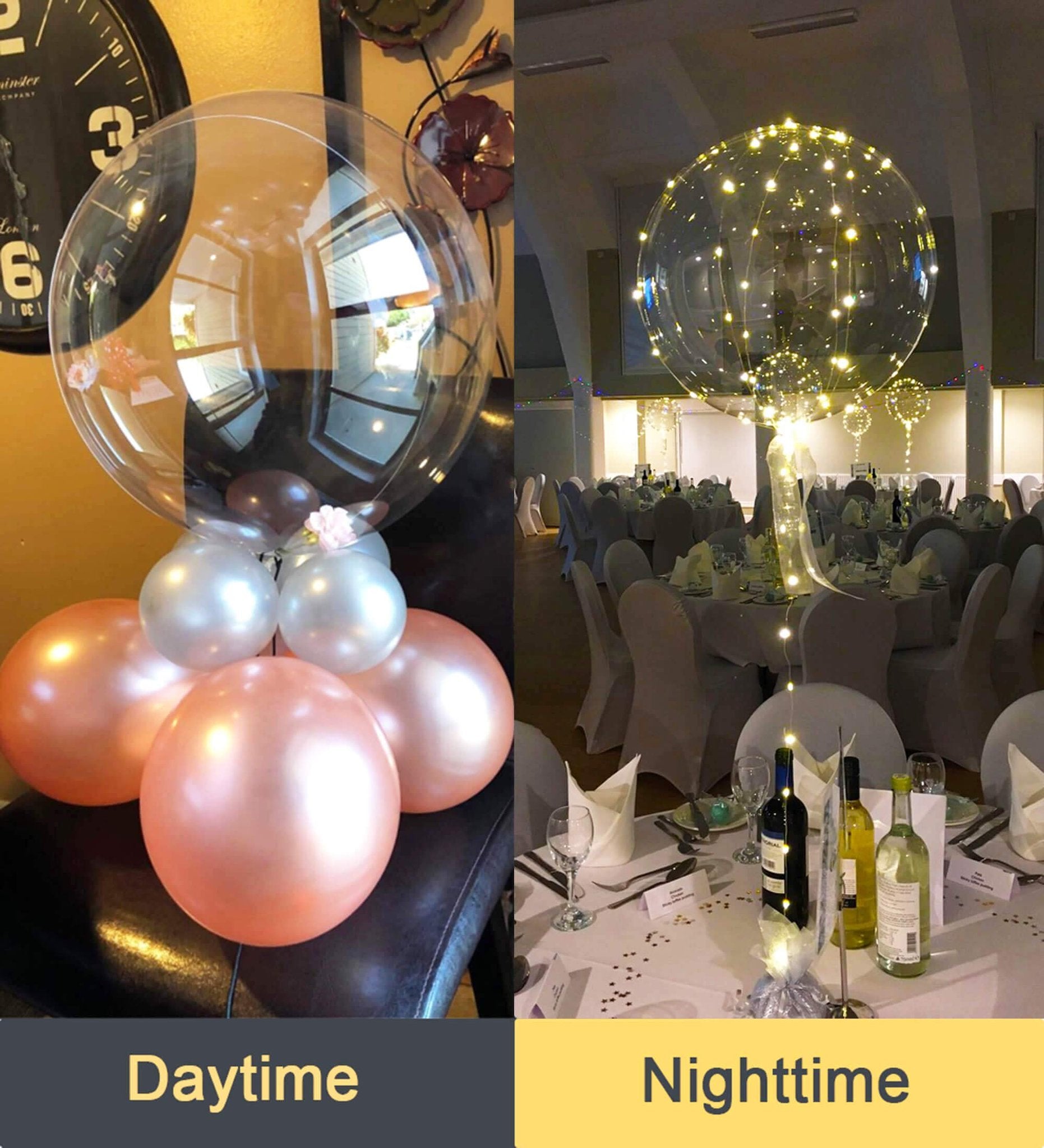 Collage showing clear LED bobo balloons in daytime and nighttime settings. Daytime shows balloons with other balloons. Nighttime shows balloons on a decorated table.
