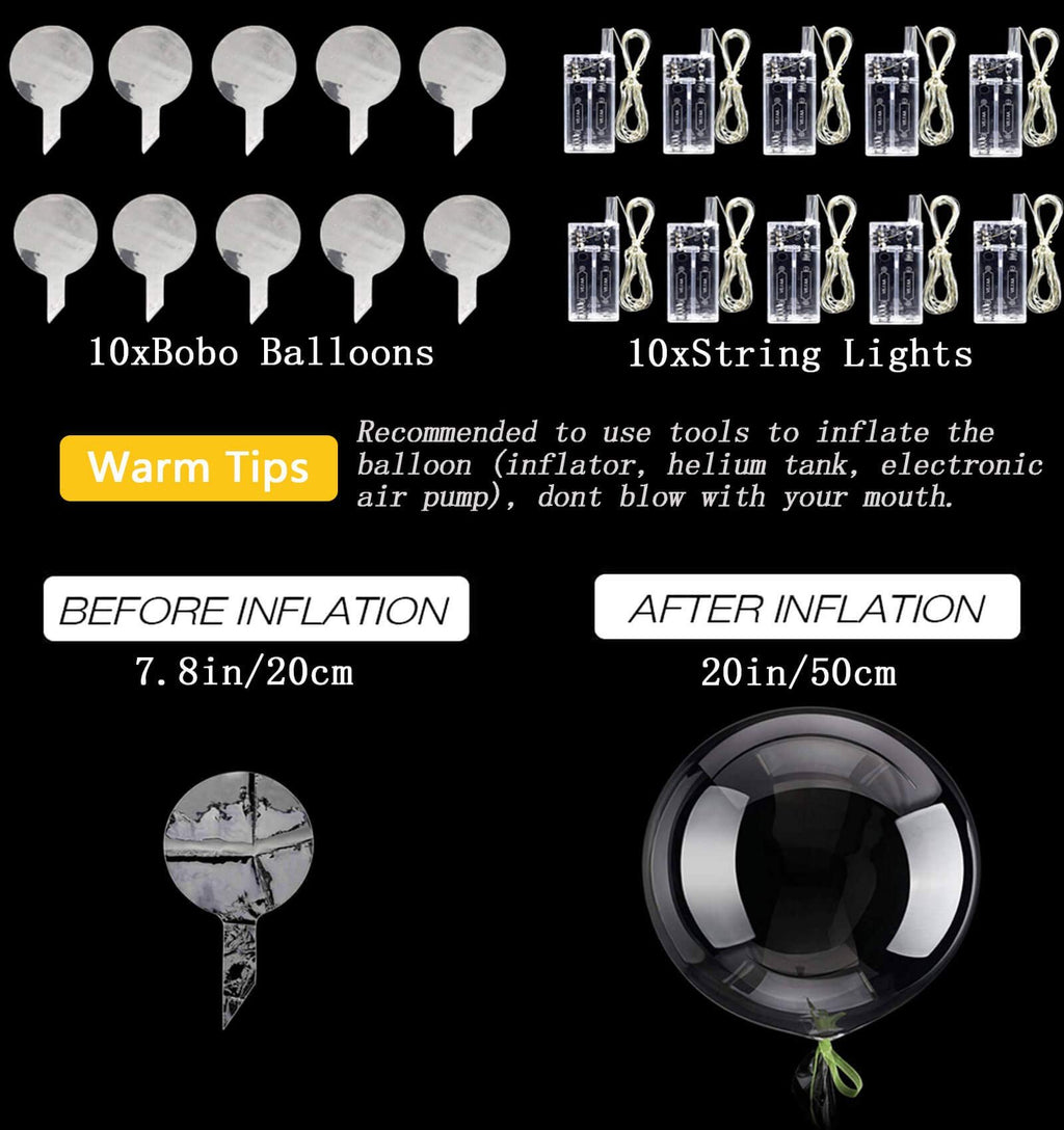 Ten uninflated clear bobo balloons and ten string lights, with inflation instructions and size comparison.