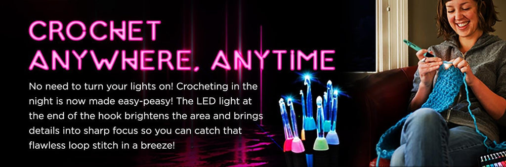 Woman crocheting with LED lighted crochet hooks, neon text overlay.