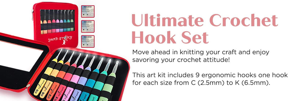 Red crochet hook case open showing 9 LED lighted crochet hooks with ergonomic grips and sizes marked on handles.