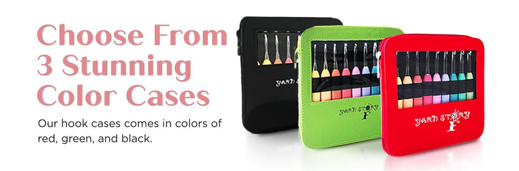 Three crochet hook cases in black, green, and red, each showing colorful hooks and accessories inside.