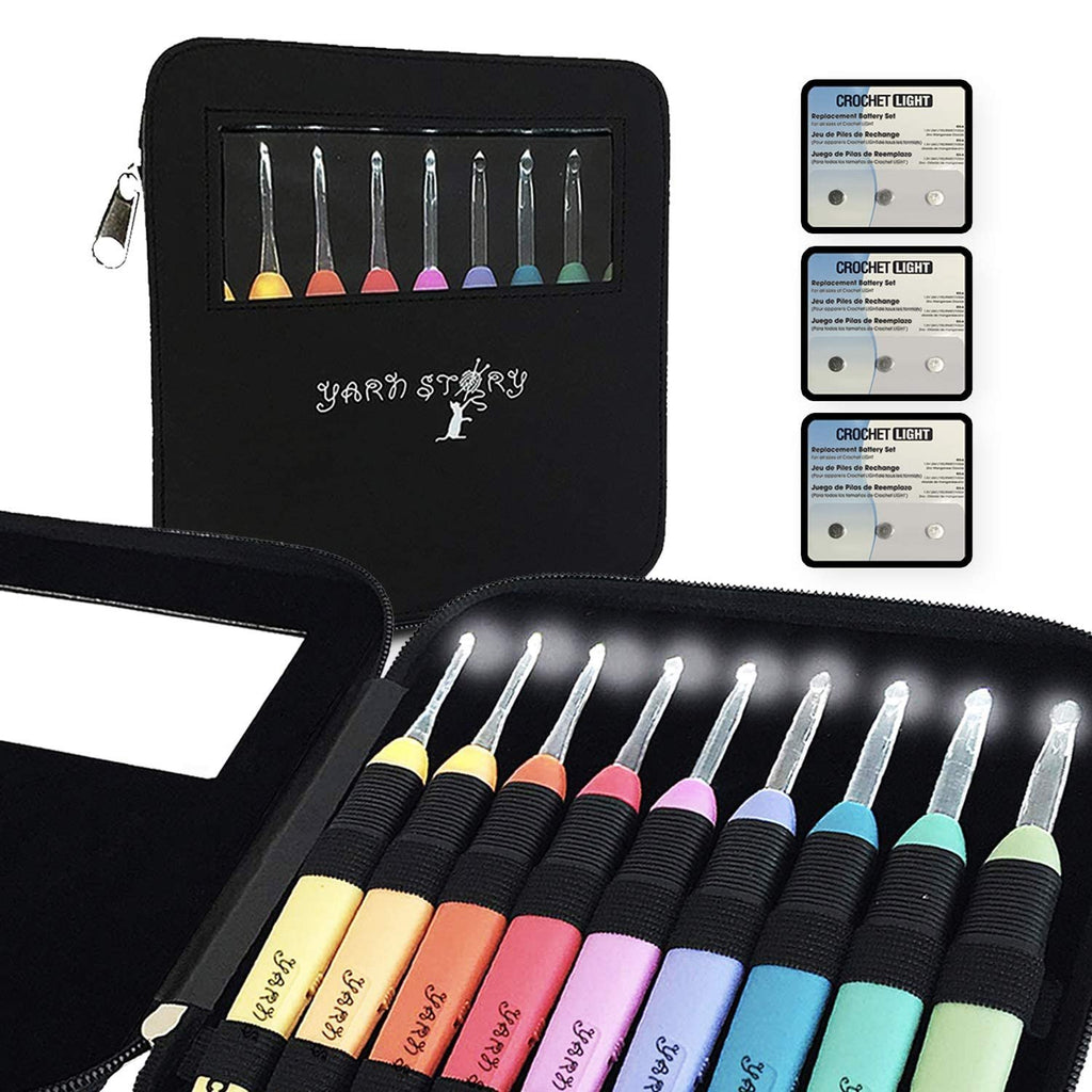 LED crochet hooks with ergonomic grips in a black case, with replacement battery packs shown.