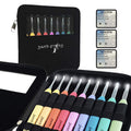LED crochet hooks with ergonomic grips in a black case, with replacement battery packs shown.