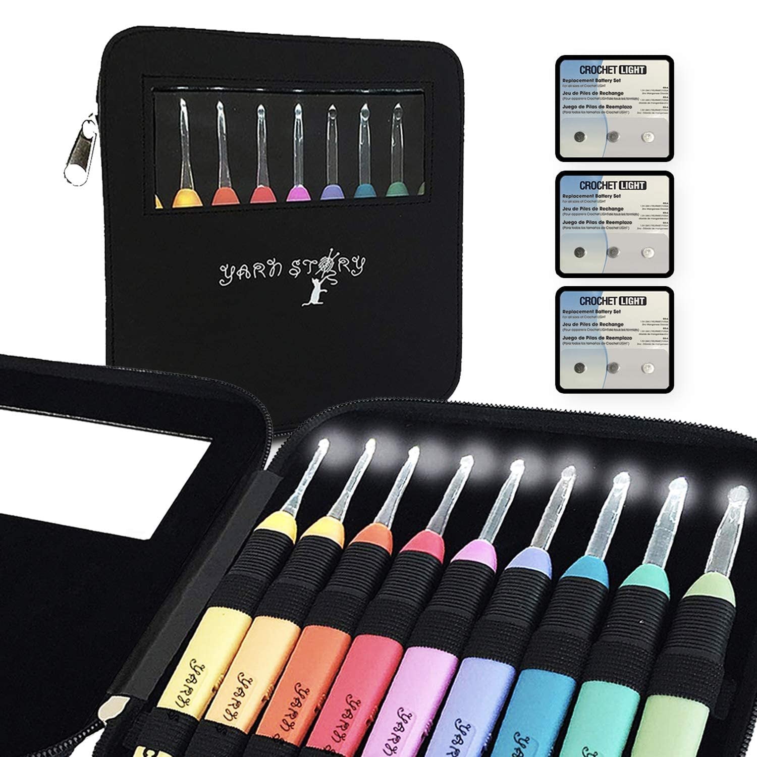LED crochet hooks with ergonomic grips in a black case, with replacement battery packs shown.