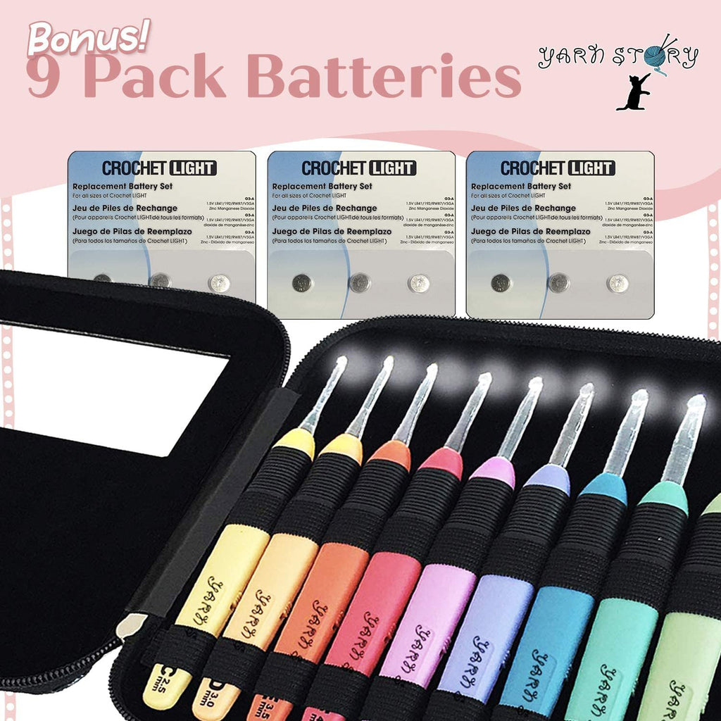 LED crochet hooks with ergonomic grips in a case, showing multiple colors and sizes, with bonus batteries advertised.