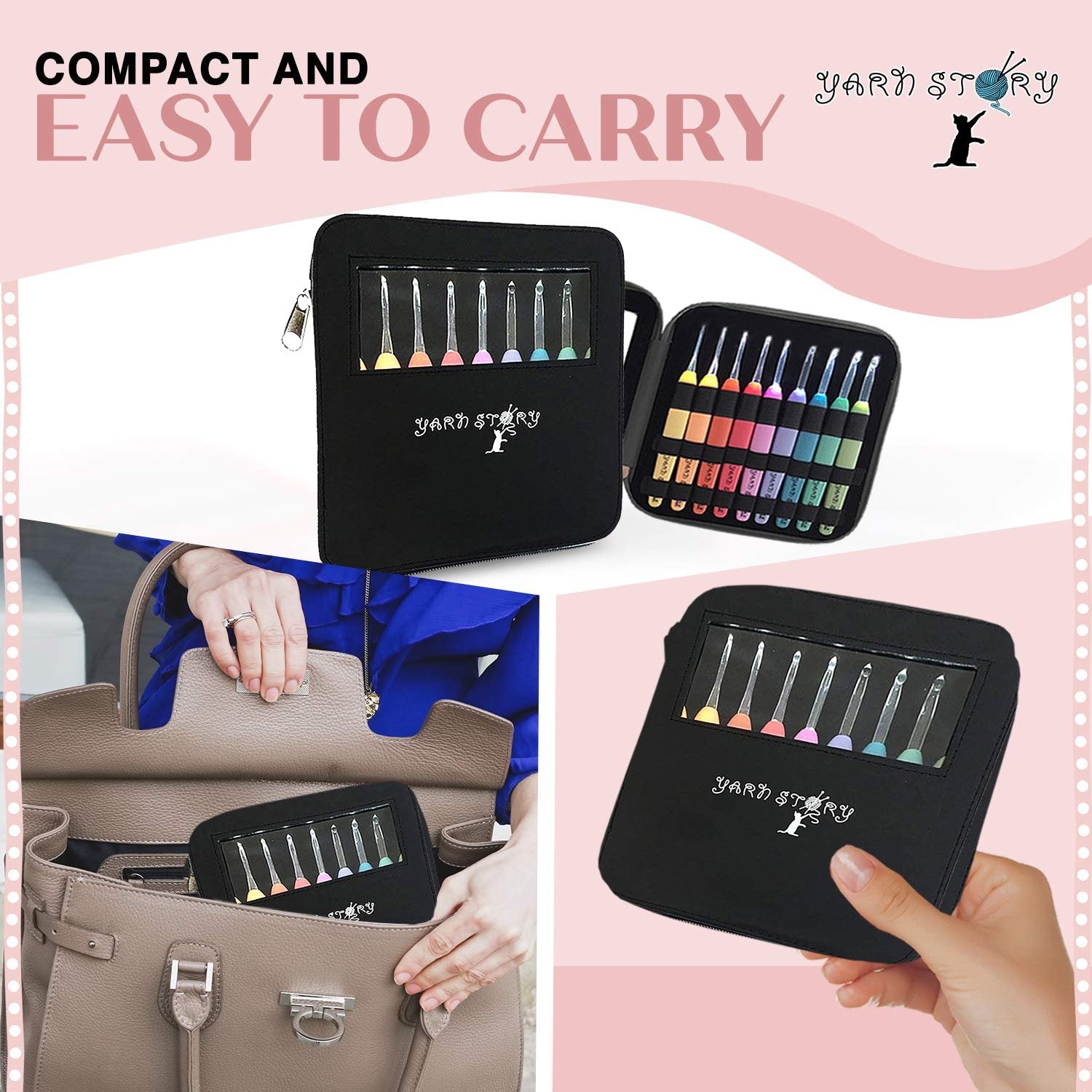 Crochet hook set in a black case with colorful handles, shown in a handbag and held by a hand.