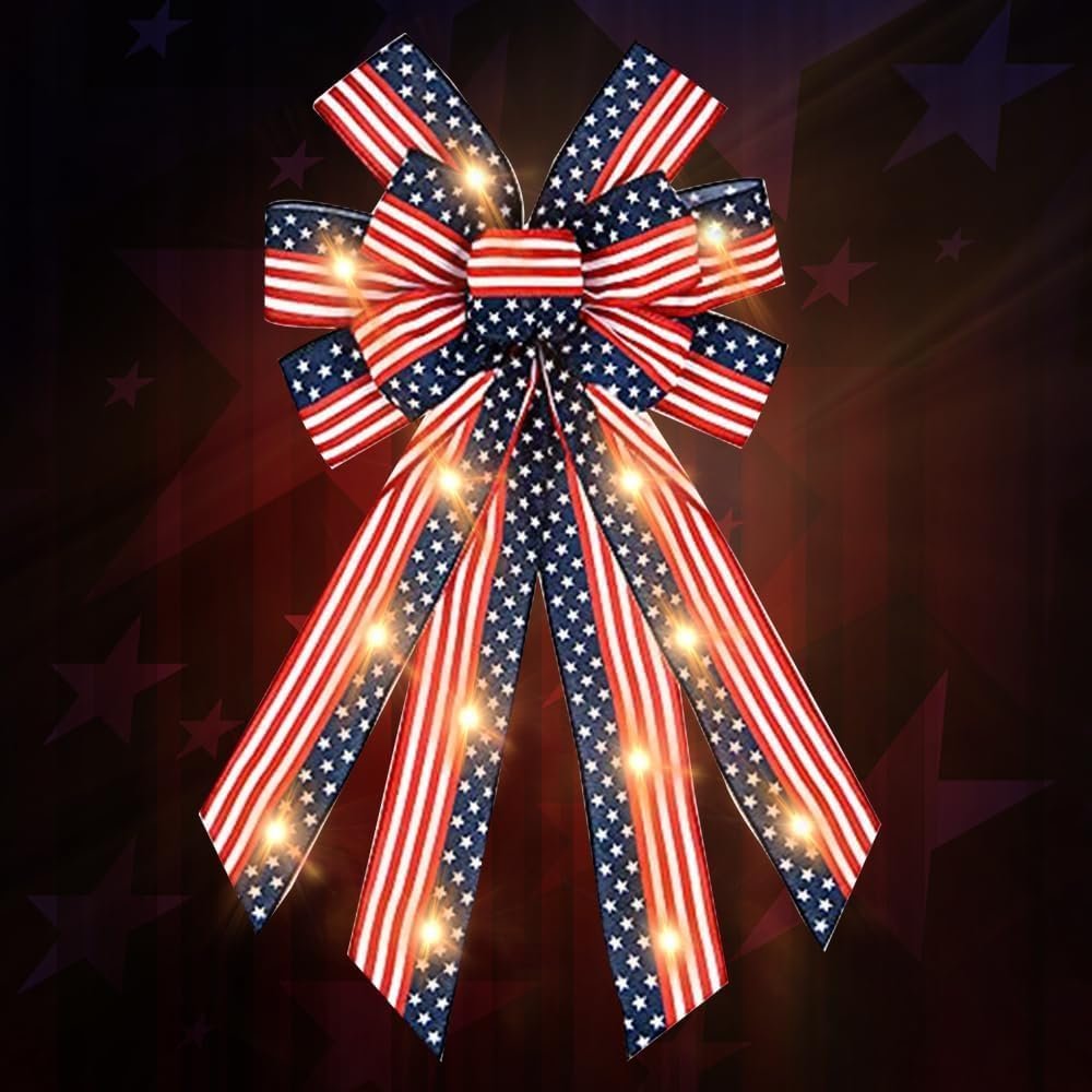 Patriotic burlap bow with warm white LED lights, featuring red, white, and blue stars and stripes pattern.