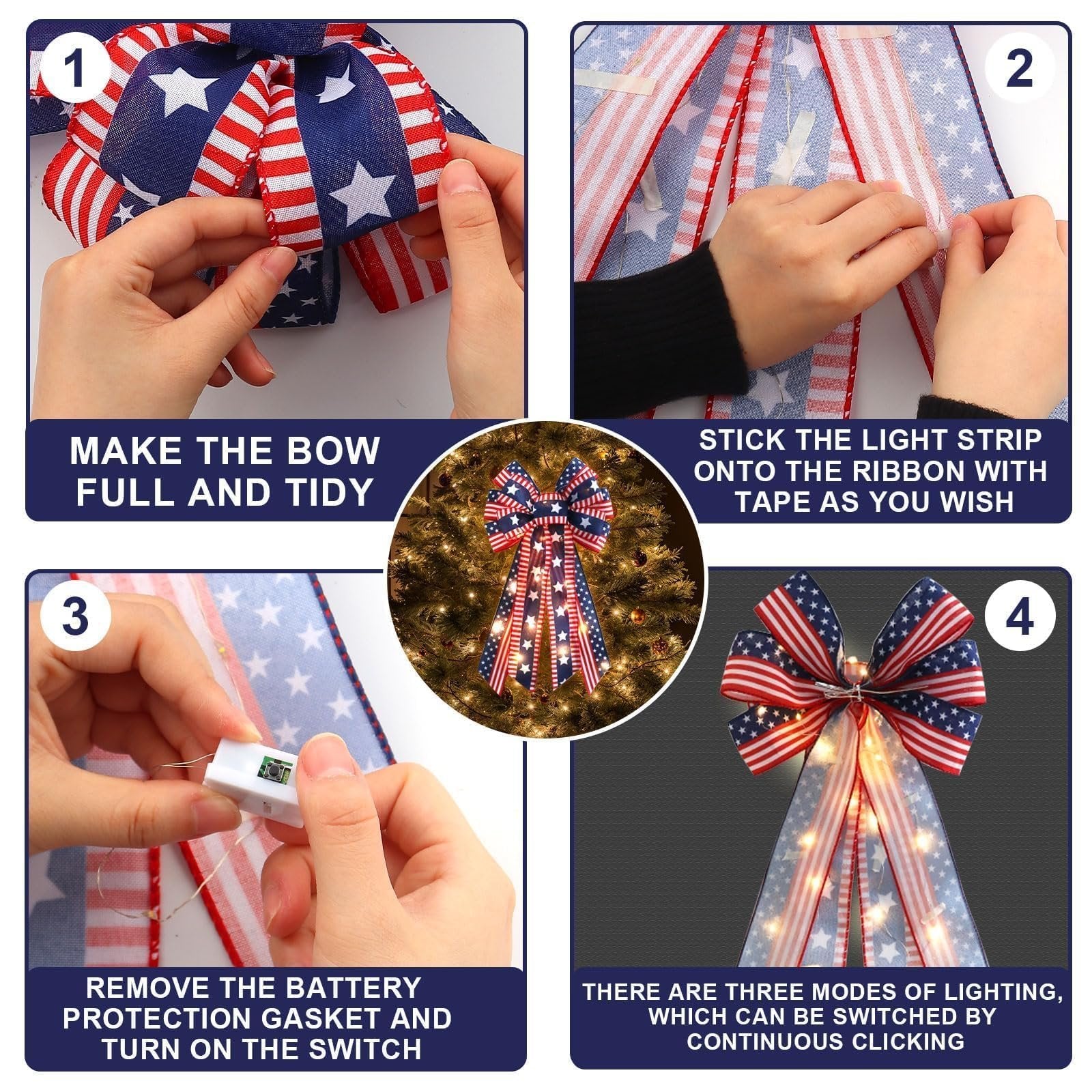 Collage showing steps to assemble a patriotic burlap bow with LED lights. Includes close-ups of hands manipulating ribbon and lights, and a finished bow on a Christmas tree.