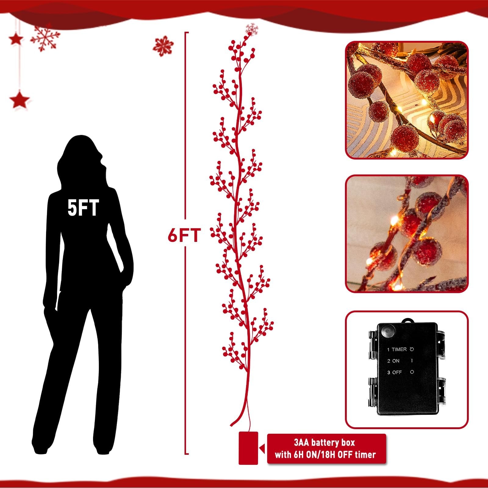 Christmas berry garland with warm white LED lights shown next to a silhouette for scale, with close-ups of berries and battery pack