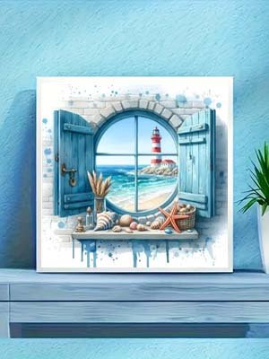 Coastal scene through an open round window with blue shutters, showing a lighthouse on a rocky shore.