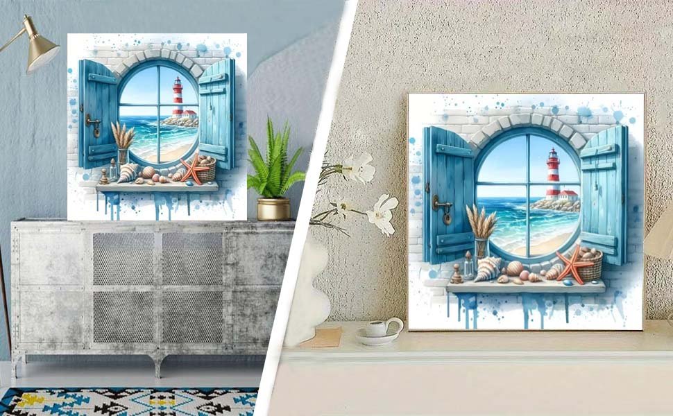 Diamond painting kit showing a lighthouse view through a round window with blue shutters, shells, and starfish on a shelf.