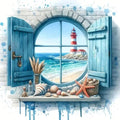Round window view of a lighthouse on a rocky shore with the ocean and beach, framed by blue shutters and a shelf with seashells.