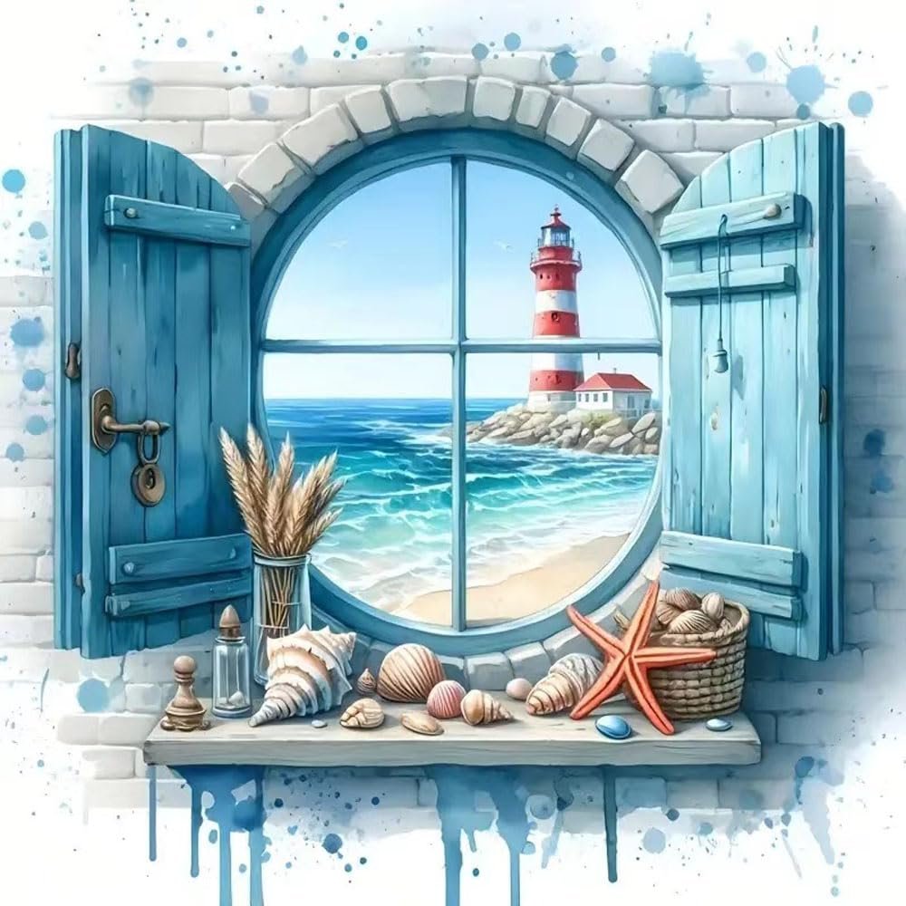 Round window view of a lighthouse on a rocky shore with the ocean and beach, framed by blue shutters and a shelf with seashells.