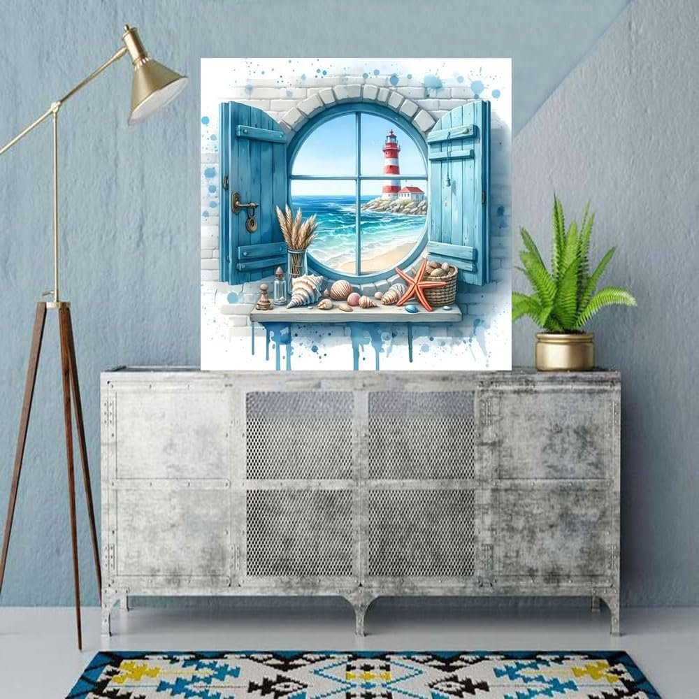 Diamond painting kit showing a lighthouse scene through a round window with blue shutters, shells, and starfish on the sill.