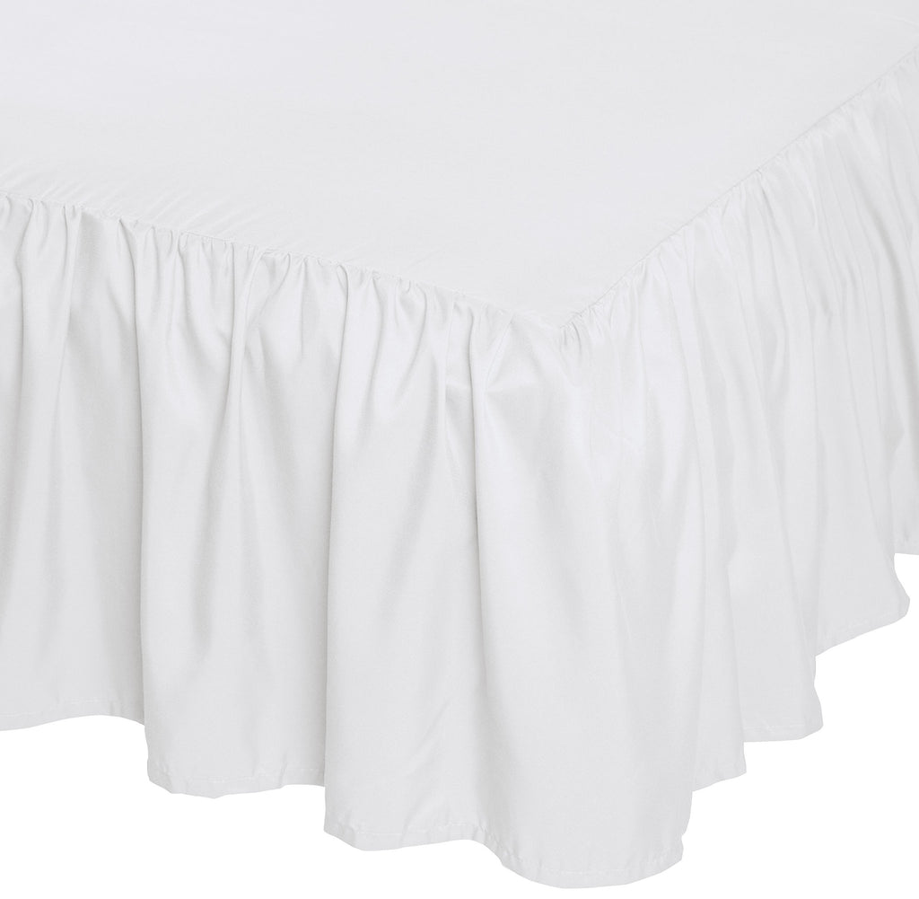 Close-up of a white ruffled bed skirt with a 16-inch drop, showing fabric texture and pleats.