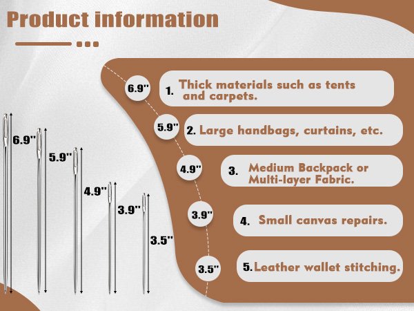 Set of long sewing needles in various sizes with corresponding usage examples.