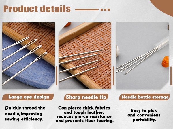 Set of long sewing needles with large eyes and sharp tips, shown in close-up and in storage bottle.