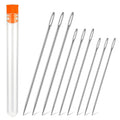Set of nine stainless steel hand sewing needles with a clear storage tube and orange cap on a white background.