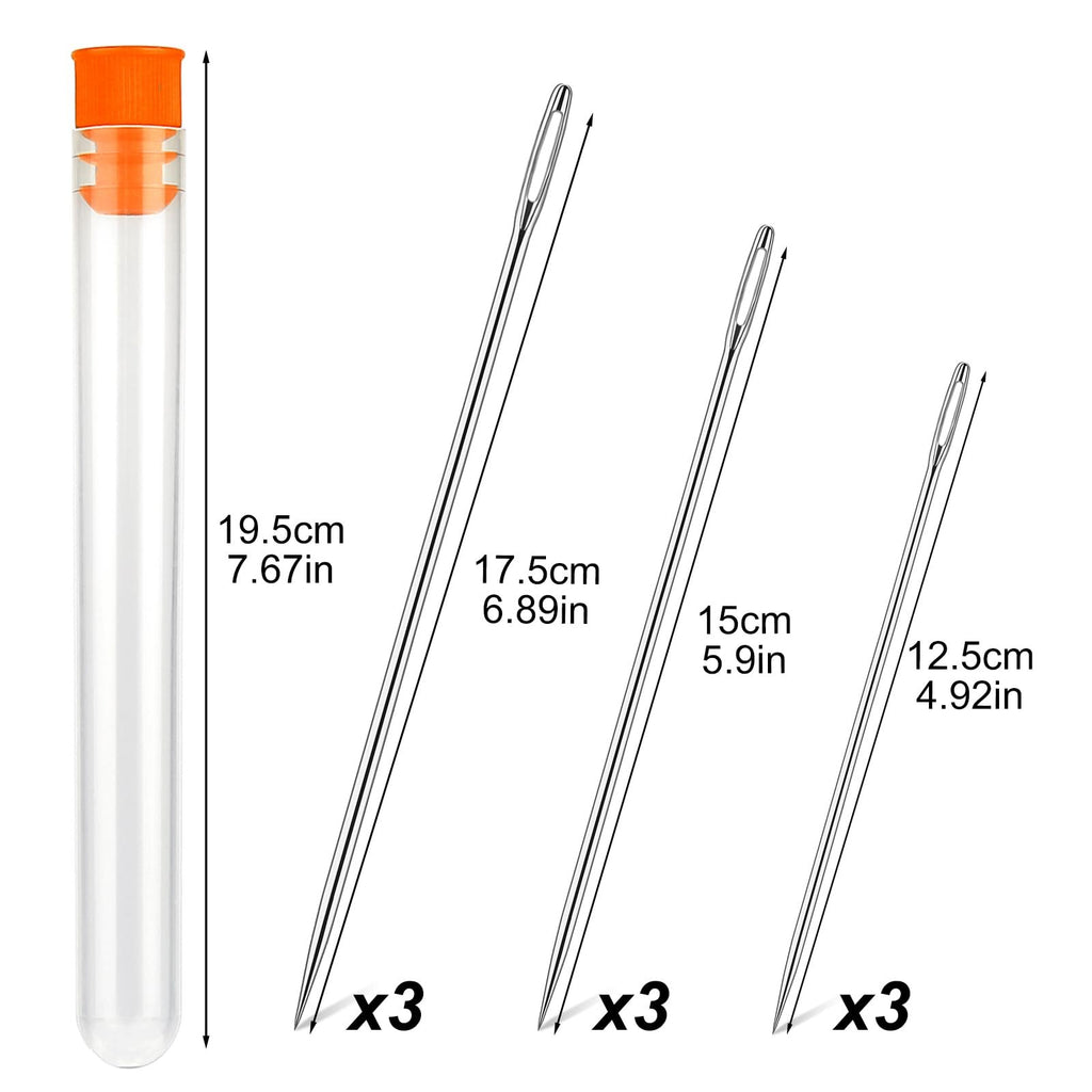 Set of three long sewing needles with big eyes, shown with size labels and quantity indicators, next to a clear storage tube.