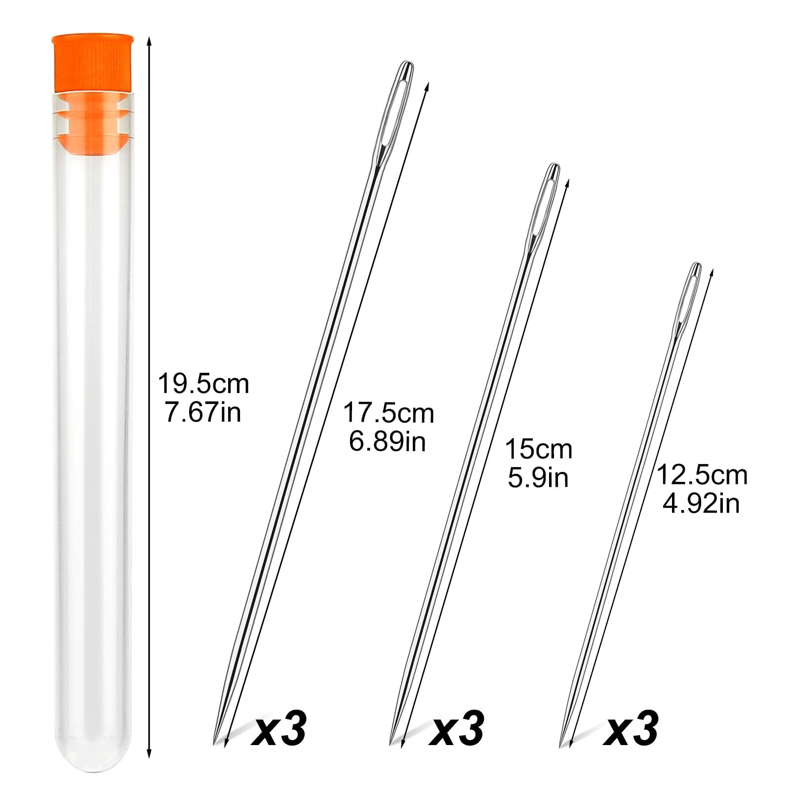 Set of three long sewing needles with big eyes, shown with size labels and quantity indicators, next to a clear storage tube.