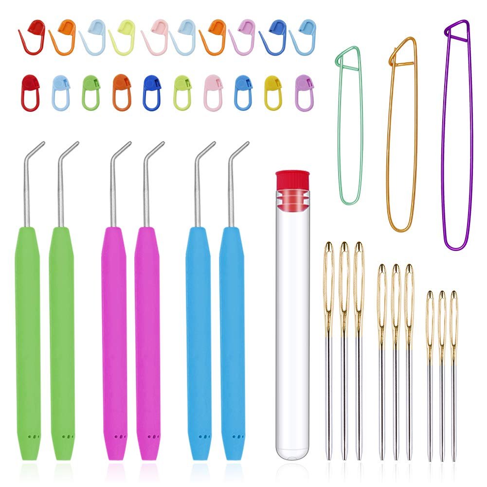 Knitting and crochet tool set including hooks, large-eye needles, stitch holders, stitch markers, and a storage bottle.