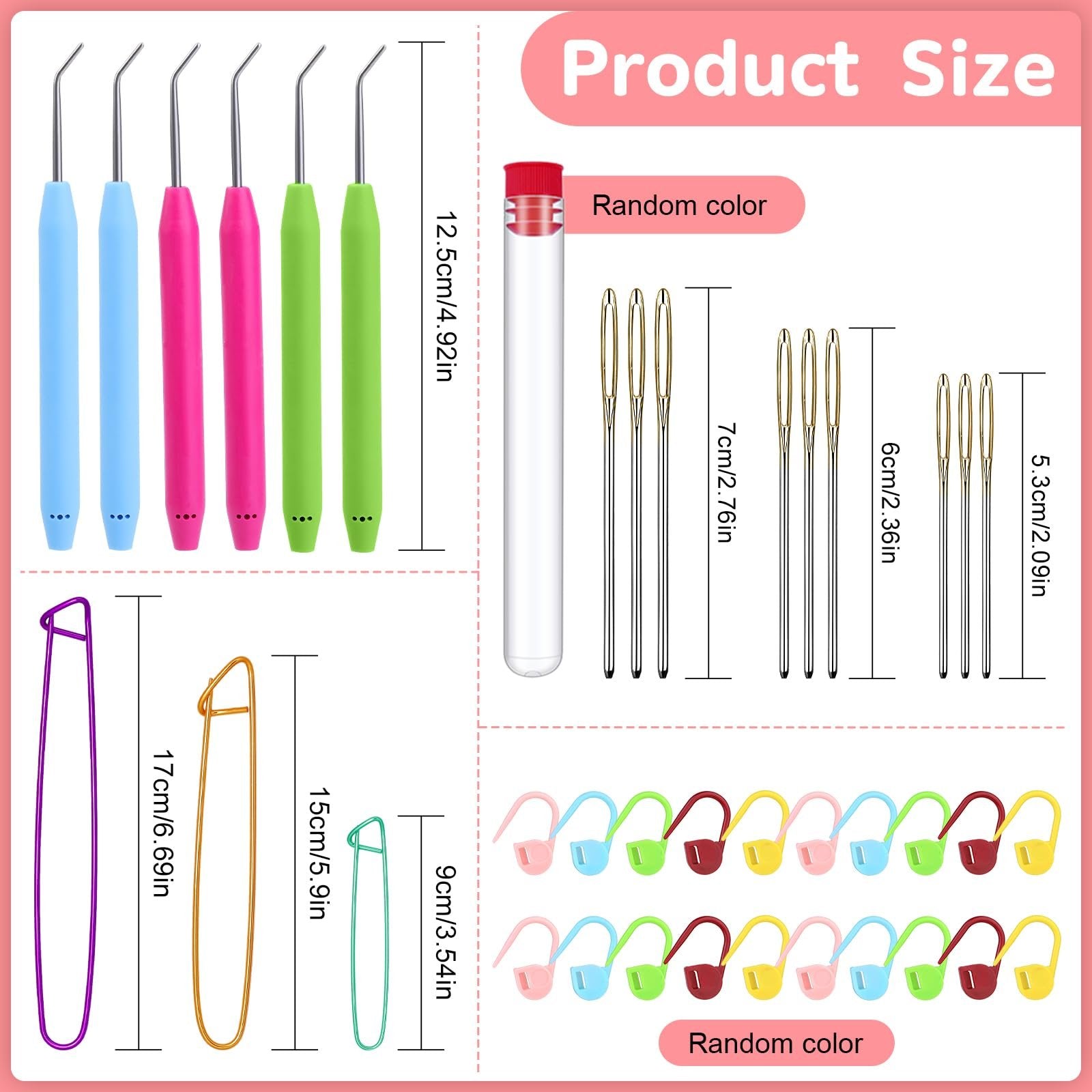 Set of knitting and crochet tools including hooks, needles, stitch holders, and markers with size dimensions.