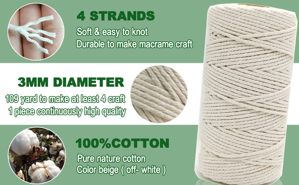 Spool of beige 3mm cotton macrame cord with text callouts about strands, diameter, and material.