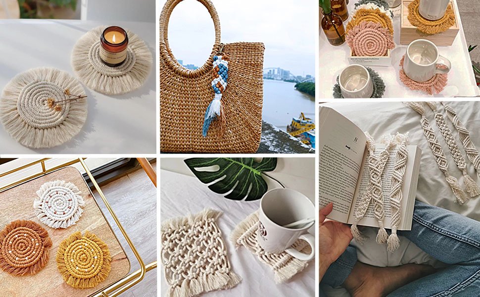 Collage of macrame items including coasters, a bag charm, and bookmarks