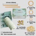 Macrame starter kit contents laid out with labels: cotton cord, instruction book, wood dowels, beads, and rings.