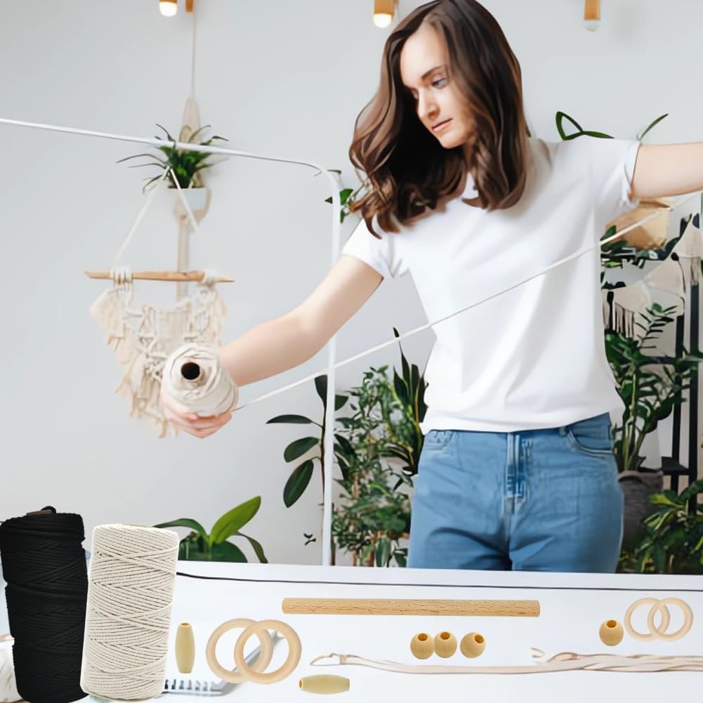 Woman demonstrating macrame craft with kit contents laid out below
