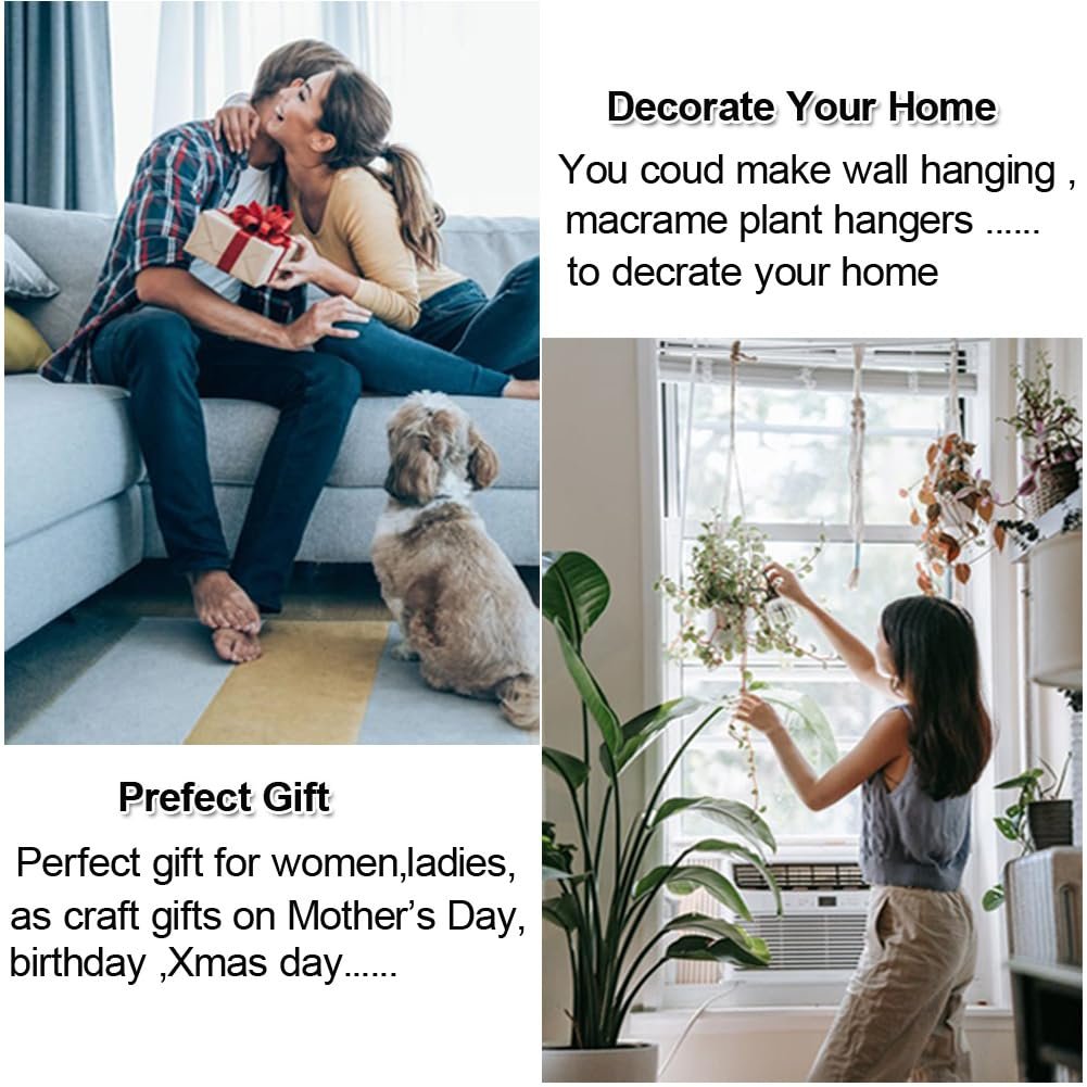 Couple with dog on couch and woman hanging plant by window, with text overlays about gifting and home decor.