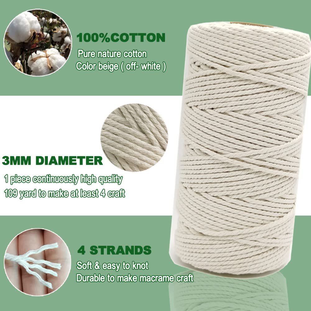 Spool of beige 3mm cotton macrame cord with close-up views of cotton bolls, cord texture, and frayed ends.