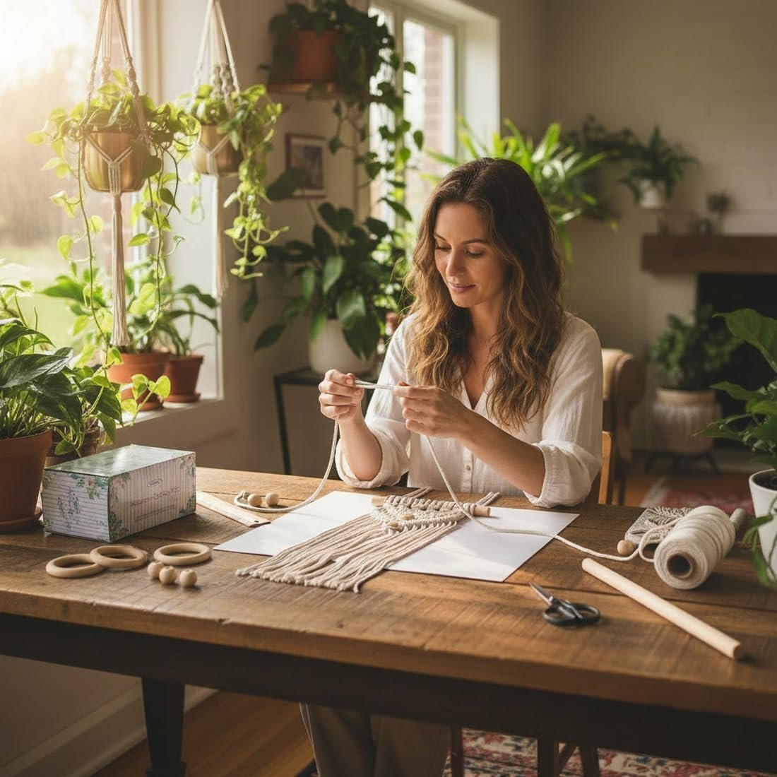 Woman crafting macrame with cotton cord, wood beads, and rings on a wooden table surrounded by plants.