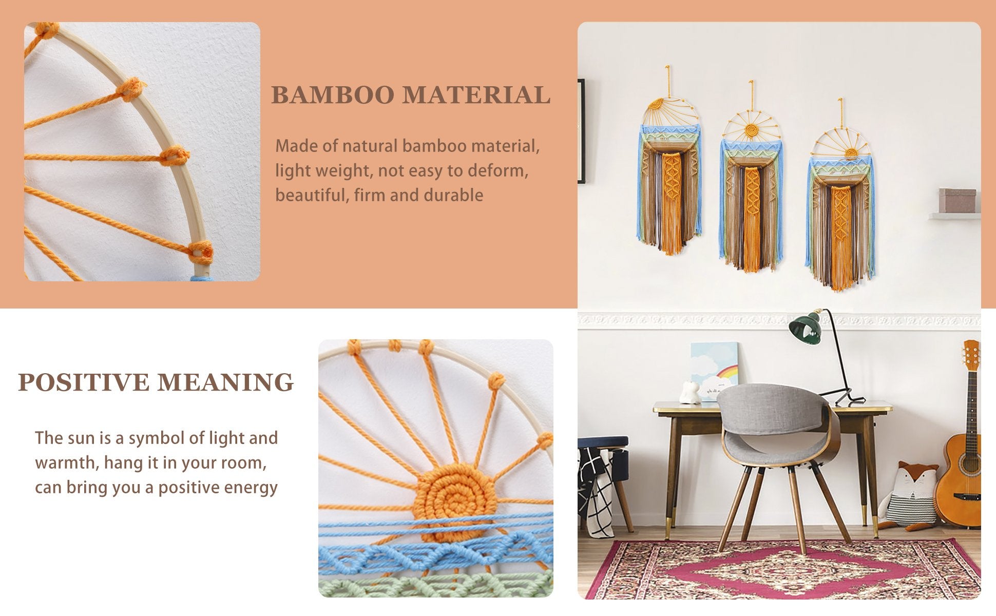 Macrame sun dream catcher wall hangings displayed on a wall and in a room setting, with close-ups of the woven details and bamboo hoop.