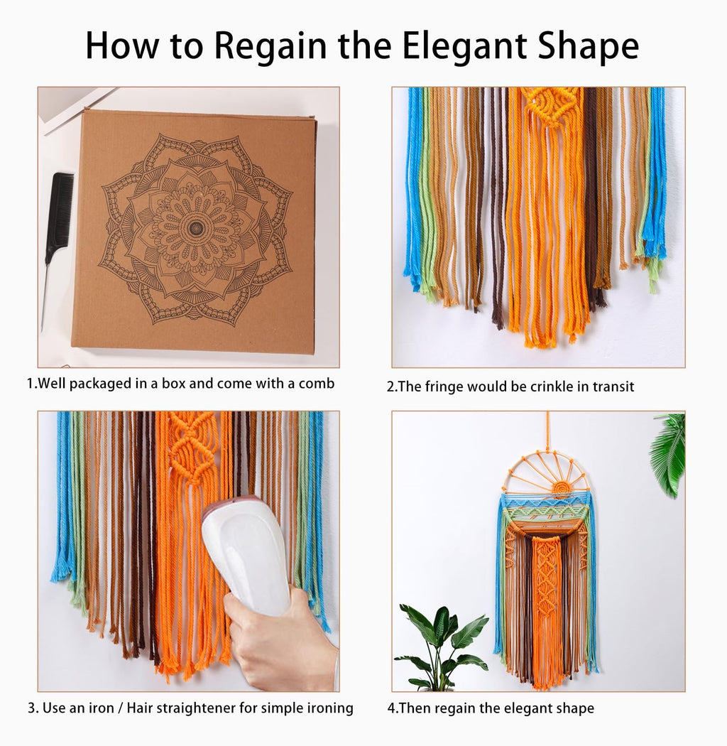 Four-panel image showing how to restore the shape of a macrame wall hanging, including packaging, crinkled fringe, ironing, and the final result.