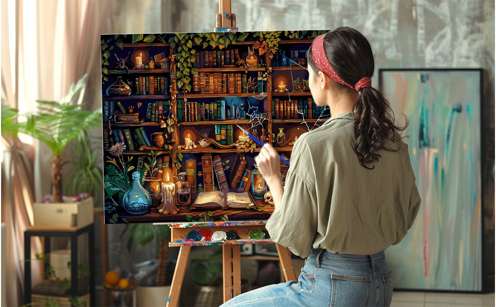 Woman painting a magical library scene on canvas using a paint by numbers kit, with paints on an easel.