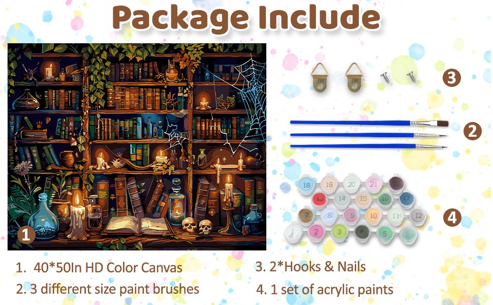 Paint by numbers kit contents: canvas with spooky library scene, brushes, hooks, nails, and numbered paint pots.
