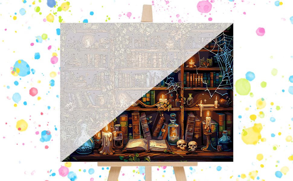 Paint by numbers canvas showing a magical library with books, candles, skulls, and potions, split between numbered outline and finished art