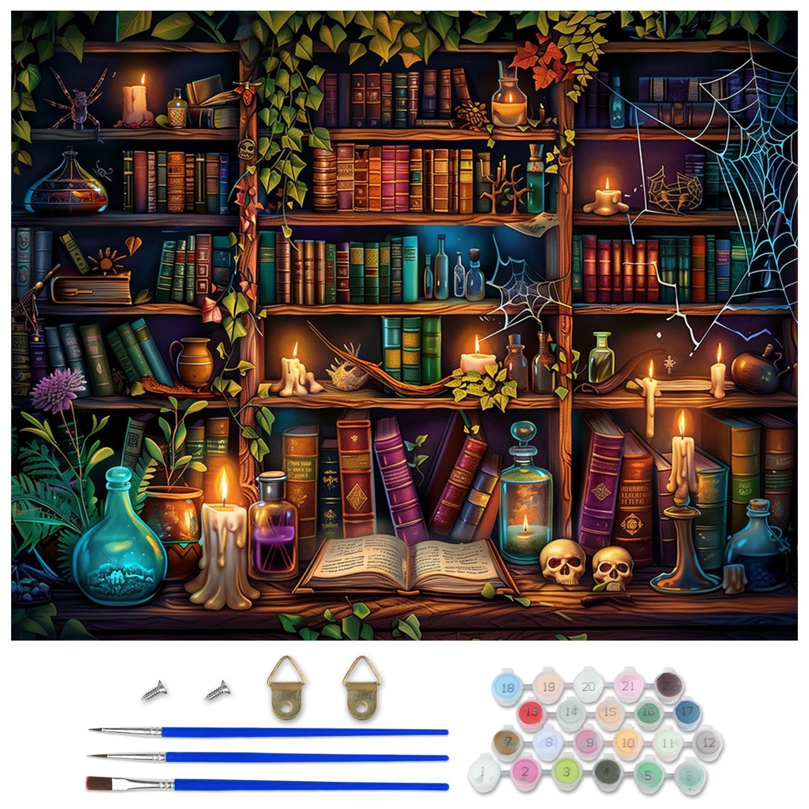 Paint by numbers kit with numbered paint pots, brushes, screws, and hanging hardware, featuring a mystical bookshelf scene.